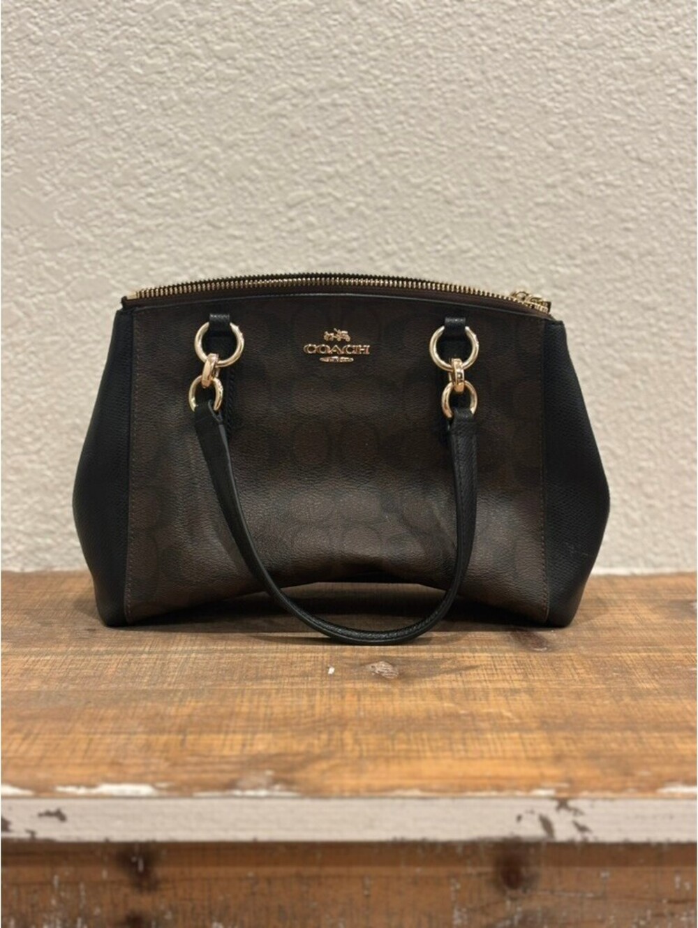 Coach Signature Brown and Black Leather Handbag with Gold Hardware